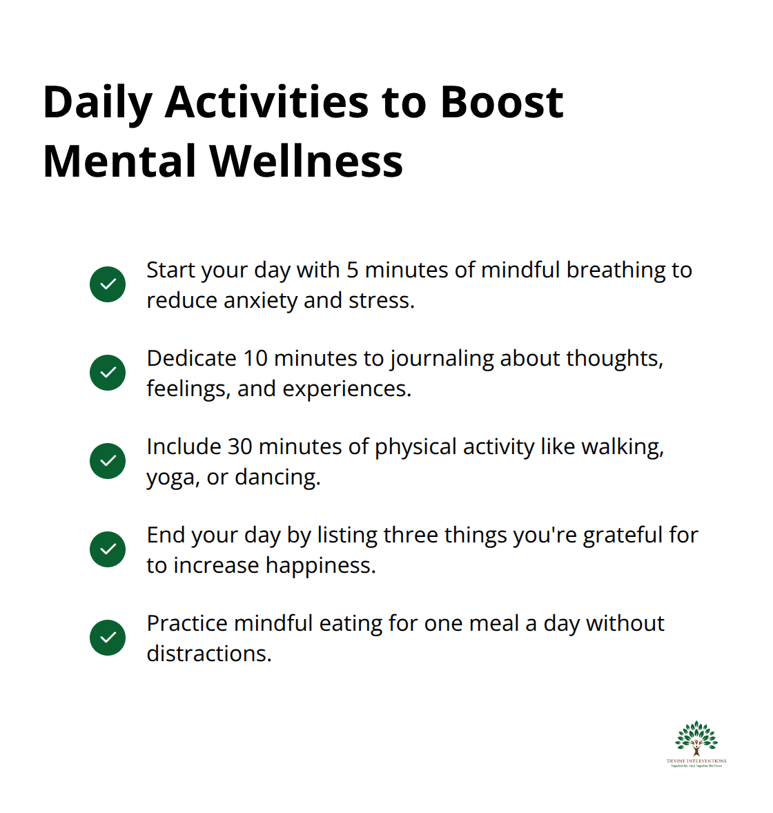 A checkmark list showing 5 daily activities for mental wellness: Mindful Breathing, Daily Journaling, Physical Activity, Gratitude Practice, and Mindful Eating. - 30 day mental wellness challenge