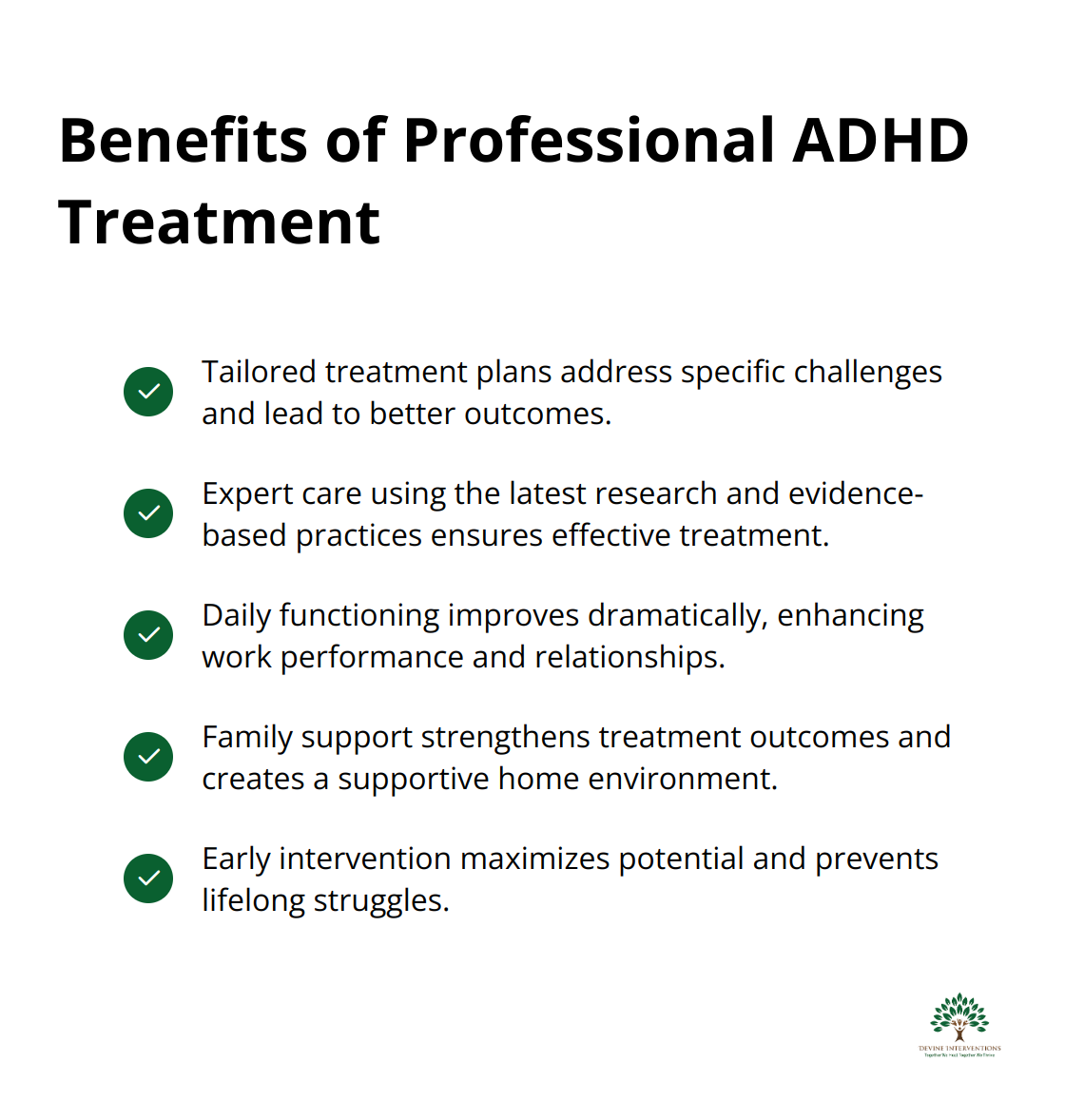 Checkmark list showing five key benefits of professional ADHD treatment - ADHD (Attention Deficit Hyperactivity Disorder)