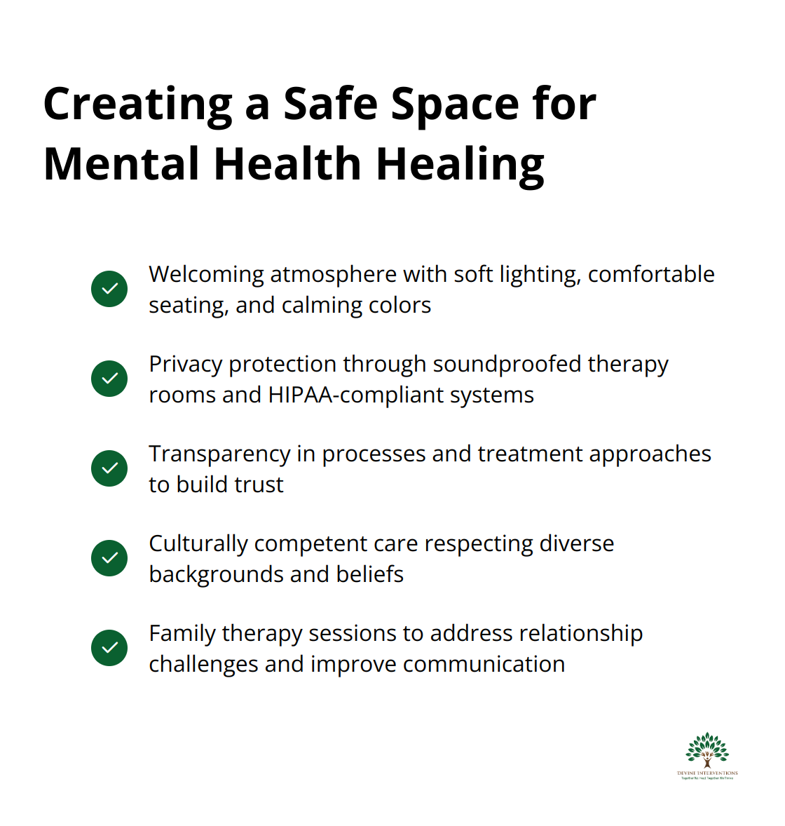 Checkmark list showing key elements of creating a safe space for mental health healing at Devine Interventions