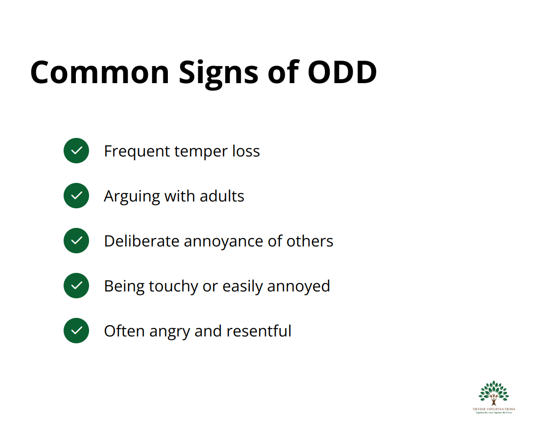 Checklist of common signs of Oppositional Defiant Disorder (ODD) including frequent temper loss, arguing with adults, deliberate annoyance of others, being touchy or easily annoyed, and often angry and resentful.
