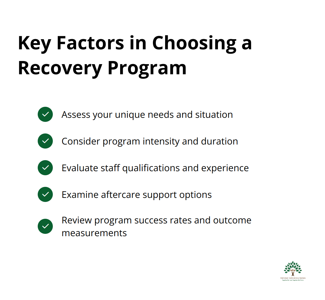 Checkmark list of 5 key factors to consider when choosing a recovery program