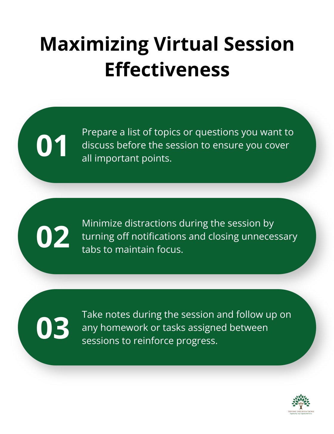 Ordered list chart showing three ways to maximize virtual therapy session effectiveness