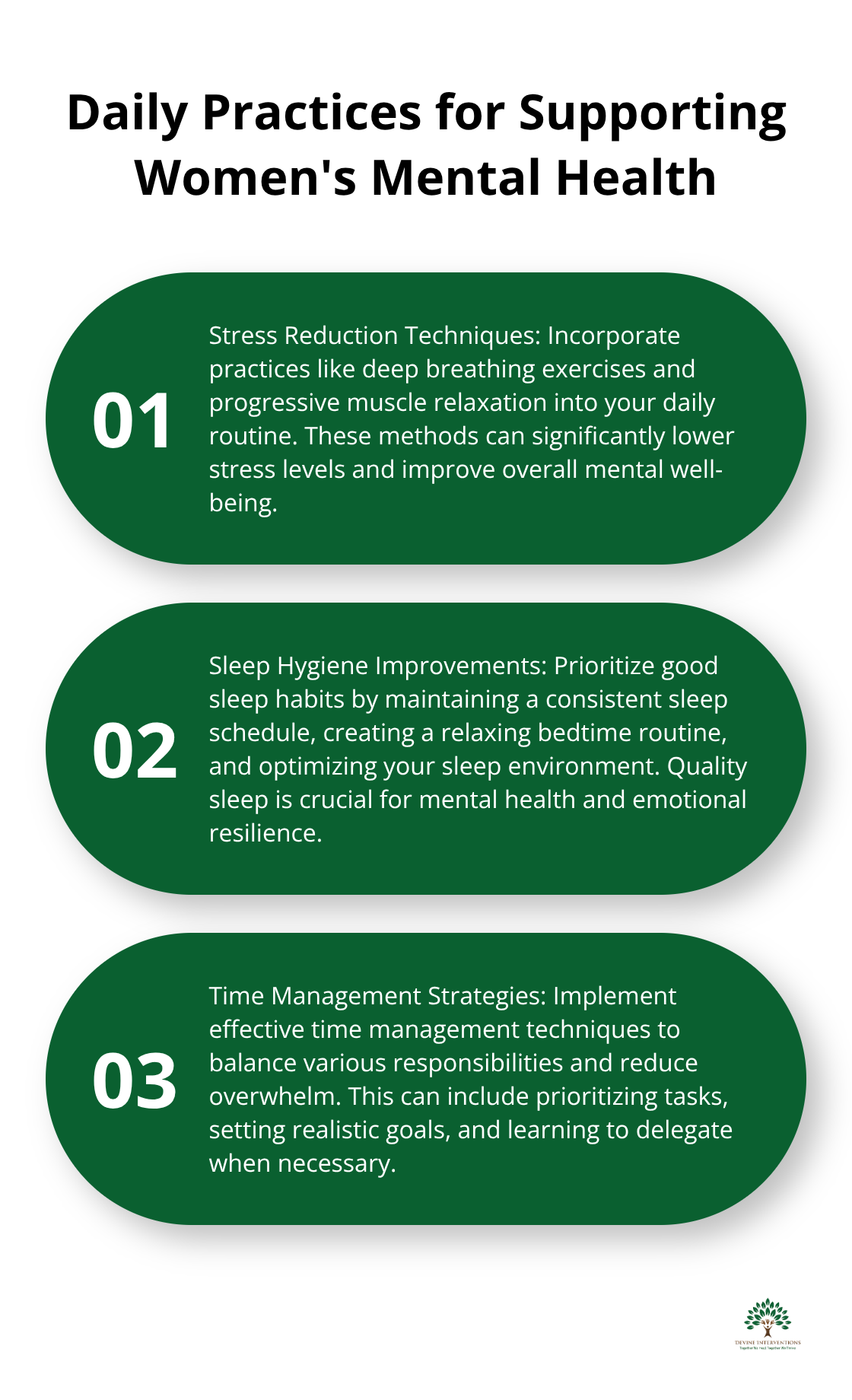 Ordered list of three daily practices for supporting women's mental health: stress reduction techniques, sleep hygiene improvements, and time management strategies
