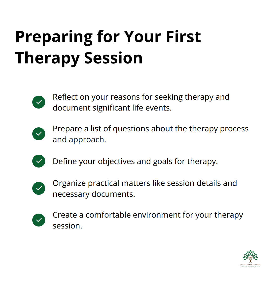 Checklist of steps to prepare for your first therapy session