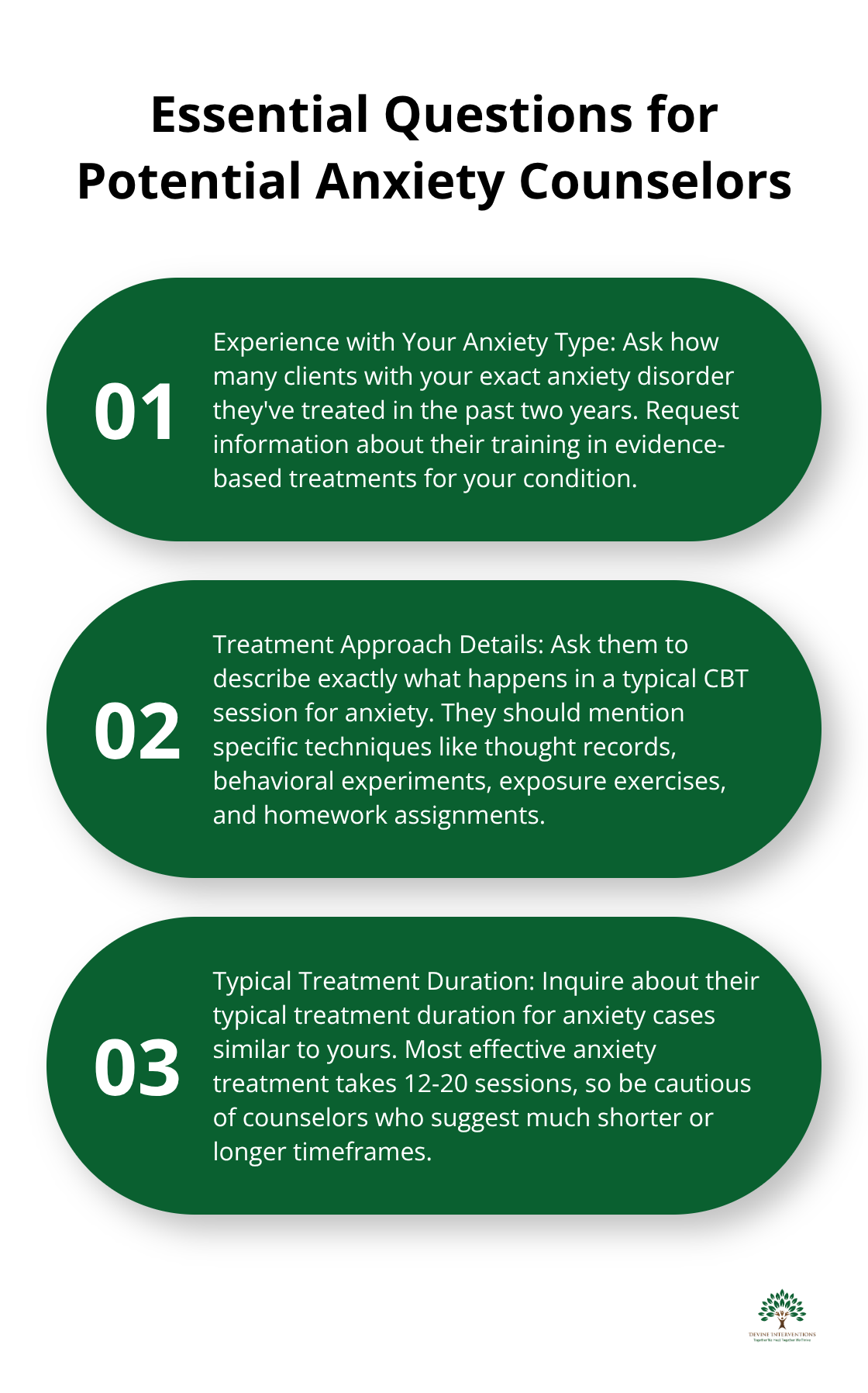 Ordered list of three crucial questions to ask potential anxiety counselors: their experience with your specific anxiety type, details about their treatment approach, and typical treatment duration. - individual anxiety counseling