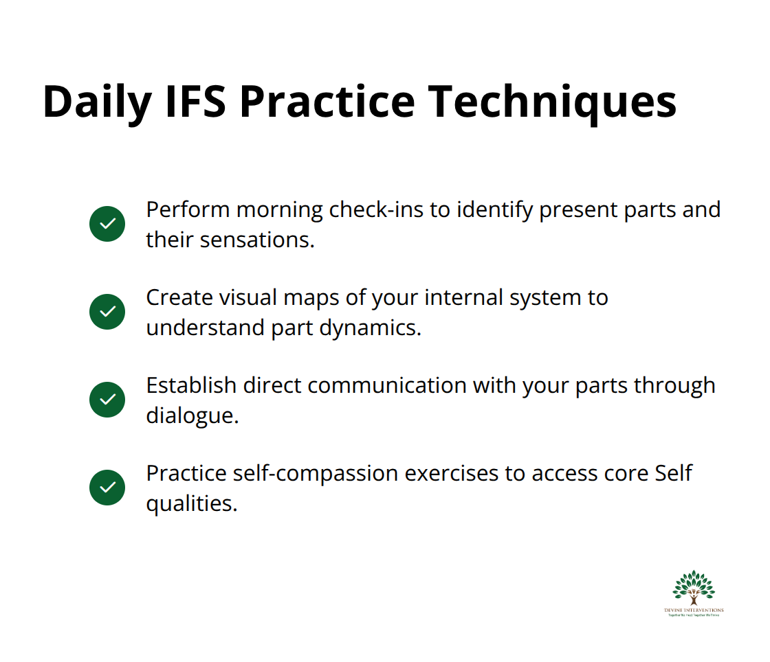 A checkmark list showing four daily IFS practice techniques: Morning check-ins, Create visual maps, Establish direct communication, and Practice self-compassion exercises. - internal family systems therapy for trauma