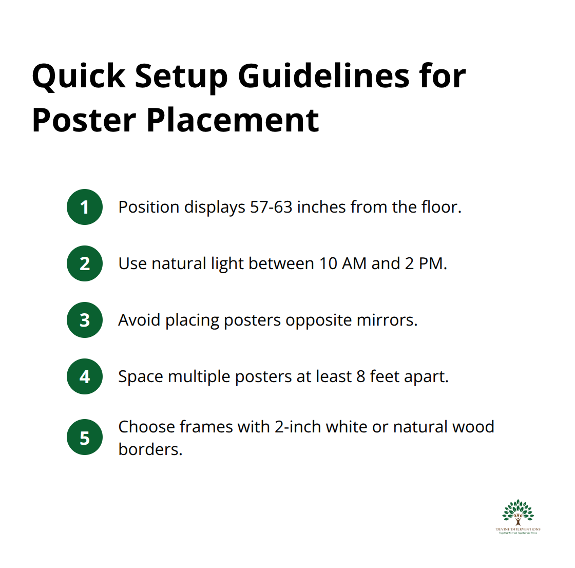 Compact list of key setup guidelines for effective mental wellness poster displays. - mental wellness posters