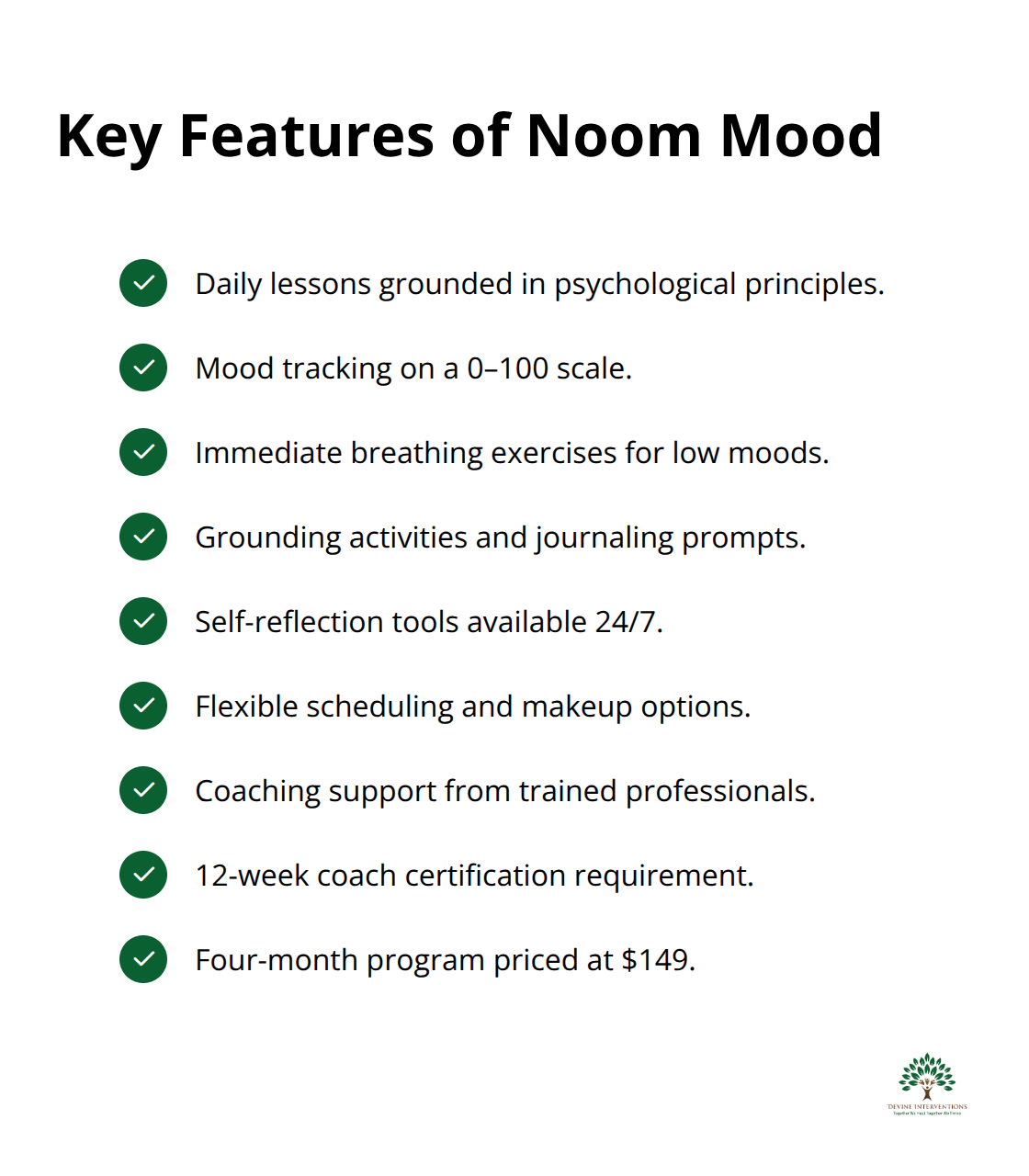 Checklist of Noom Mood features, access, and support details - noom mental wellness course pack review