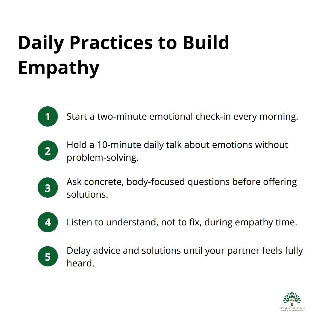 Compact list of daily actions couples can take to strengthen empathy and connection. - relationship therapy tips