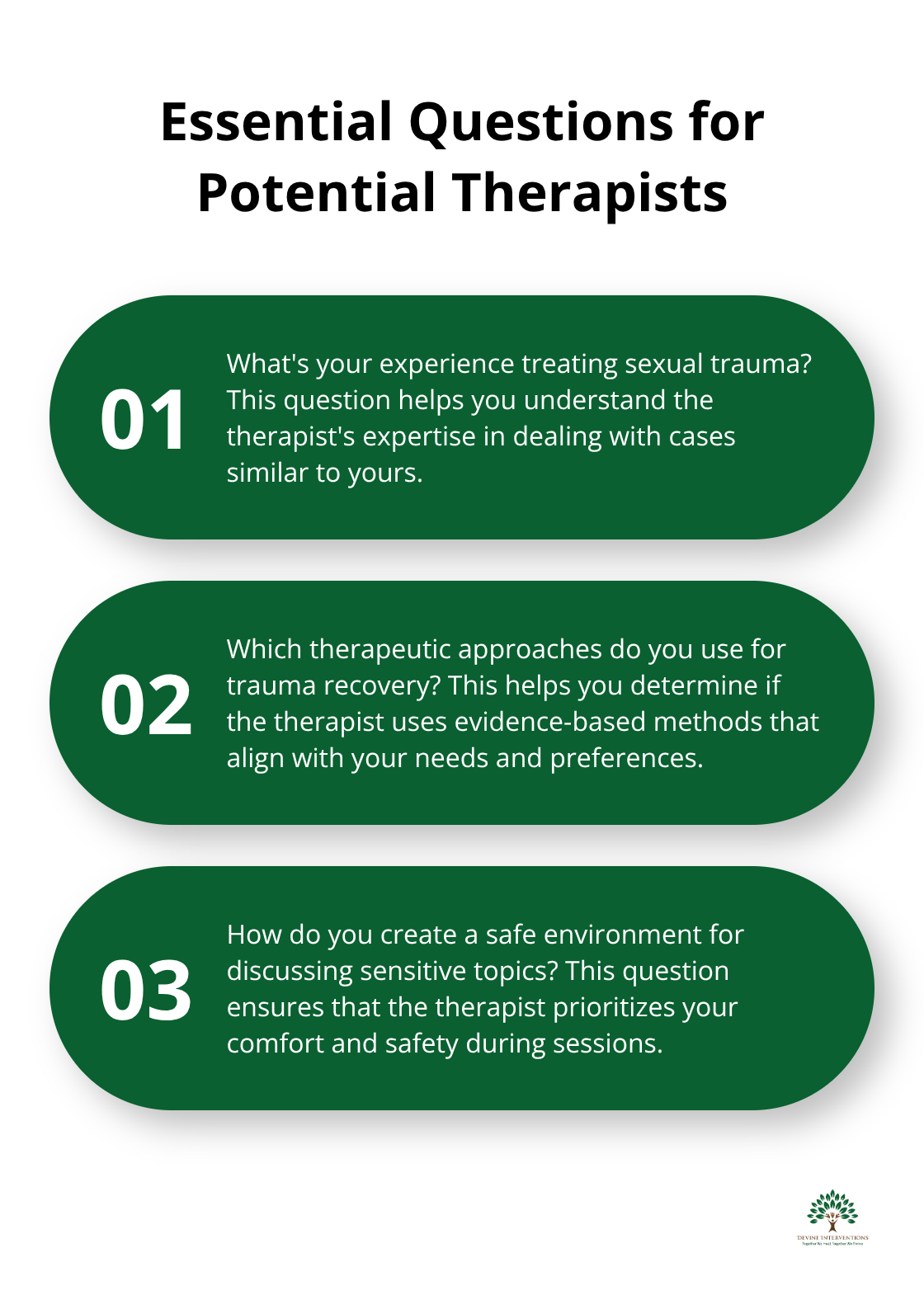 Ordered list chart showing three essential questions to ask potential therapists for sexual trauma therapy