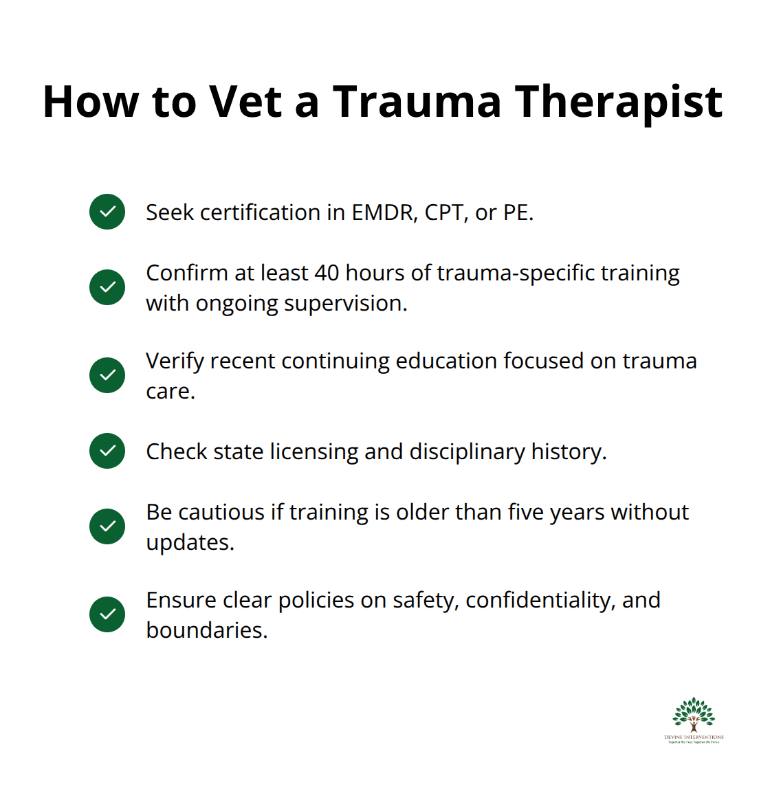 Checklist of steps to verify a therapist’s trauma-specific qualifications and safety. - trauma therapy techniques for adults